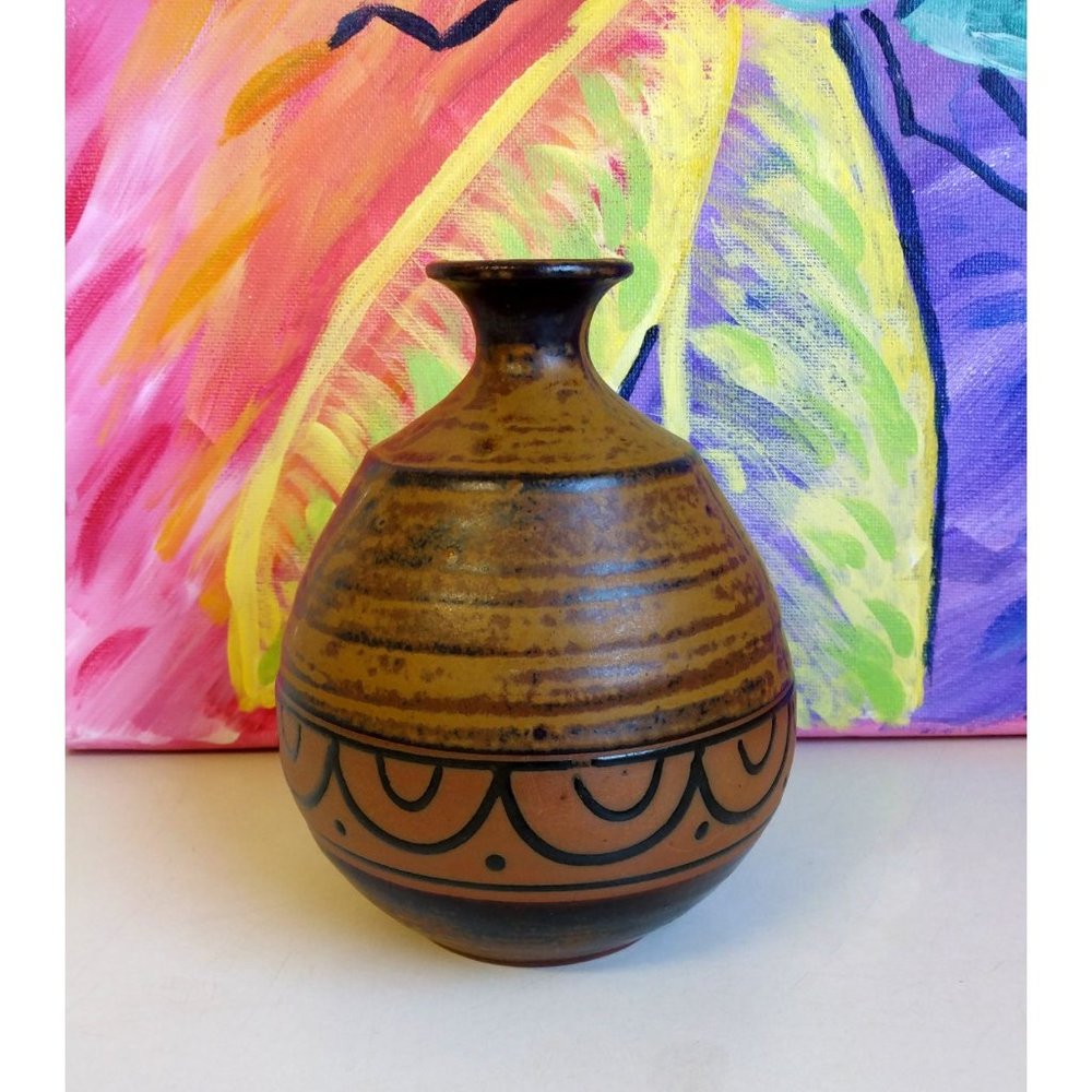 Studio Art Pottery Vase Narrow Neck Brown Stoneware Rustic Southwestern Decor